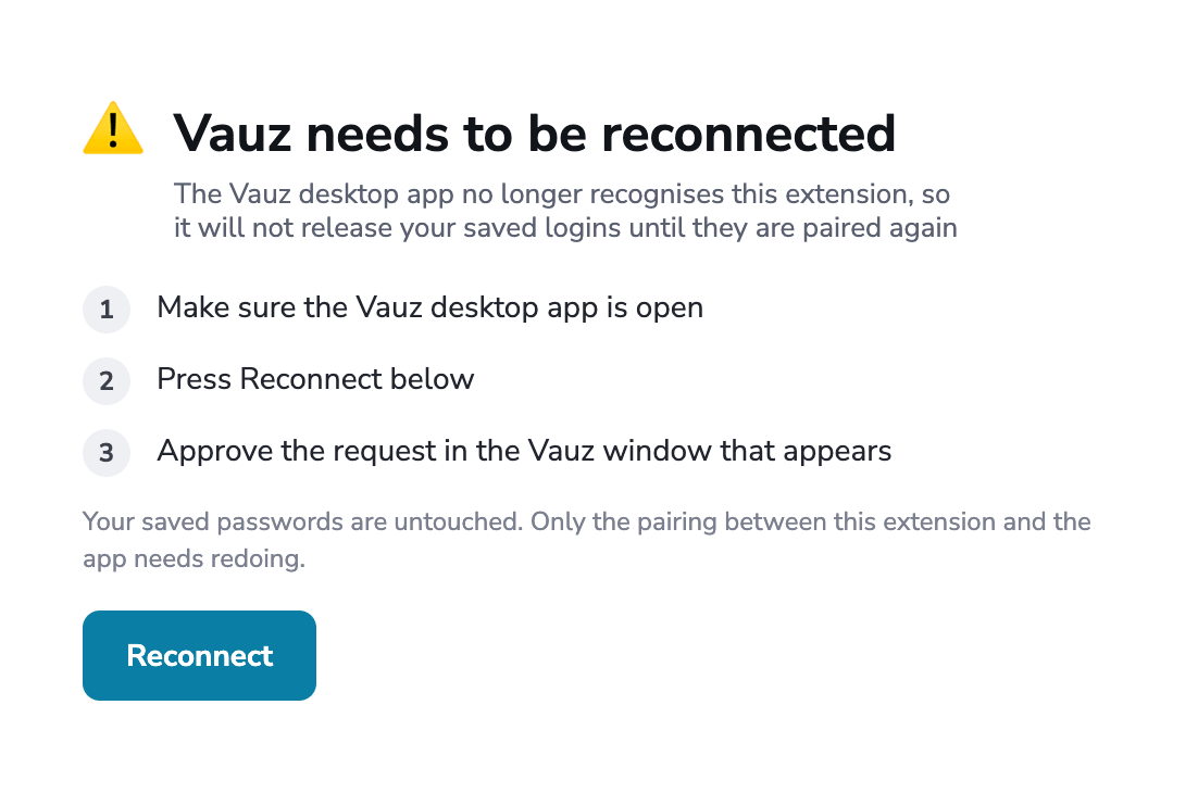 The extension explaining that Vauz needs to be reconnected