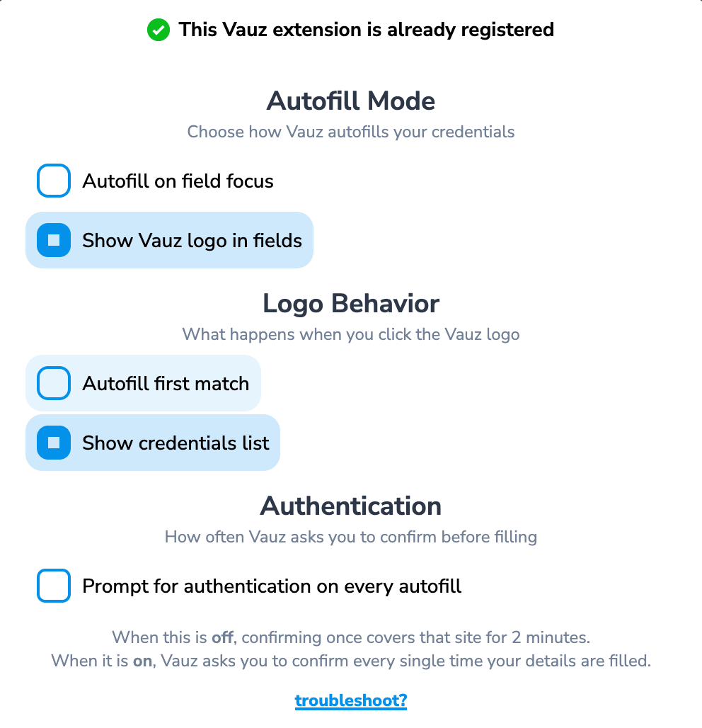 Extension settings for autofill mode and authentication